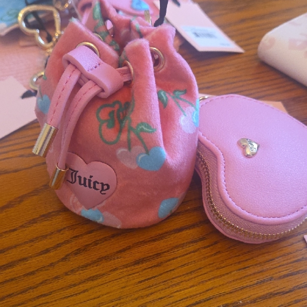 Juicy Couture Pink Heart Print Drawstring Pouch with Pink Heart Coin Case